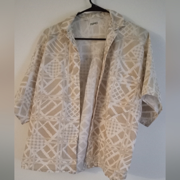 Esprit 1980's Tan & Ecru Oversized Tropical Scene Cotton Shirt - Size: S - Picture 2 of 4